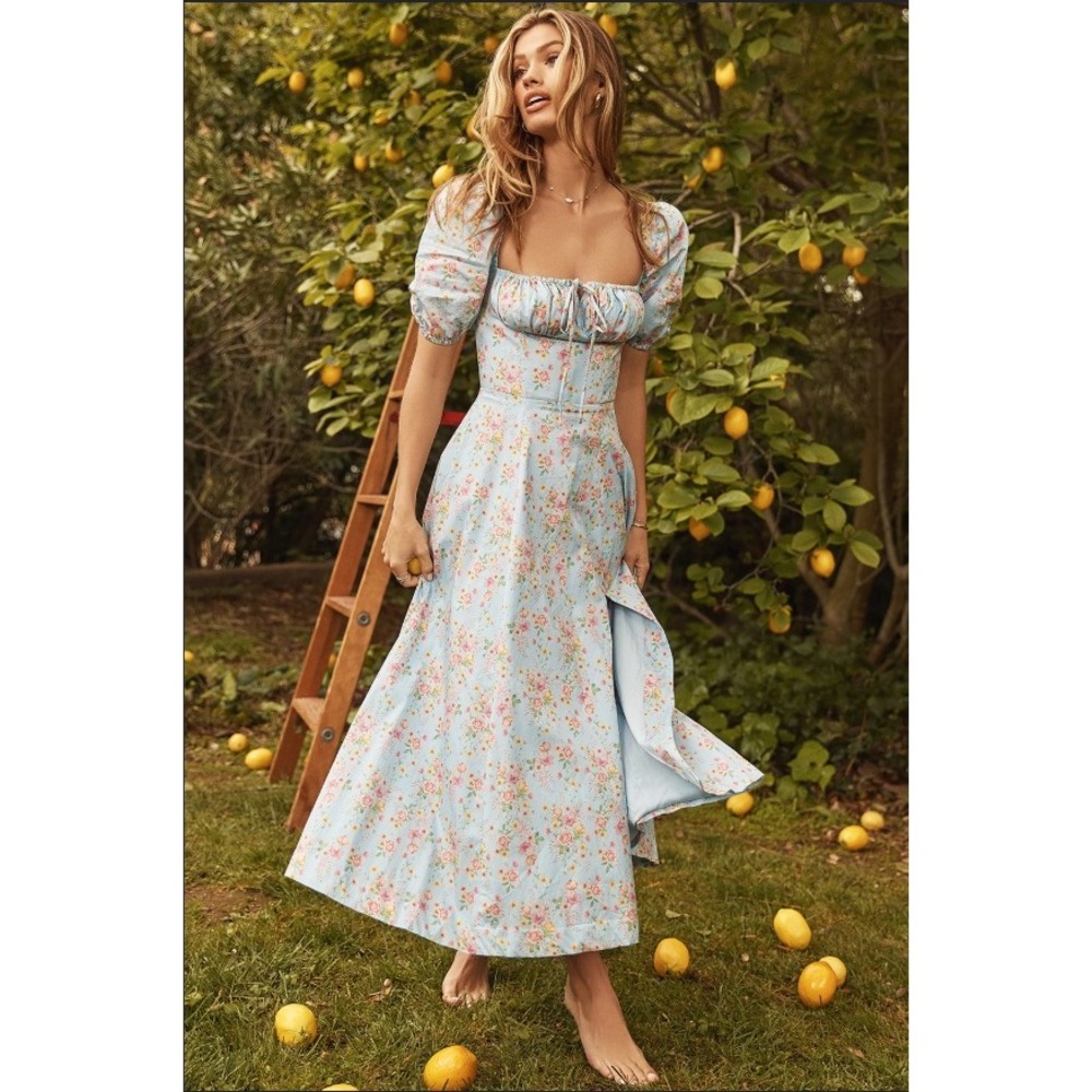 House of CB Tallulah Blue Vintage Floral Puff Sleeve Midi Dress Regencycore XS